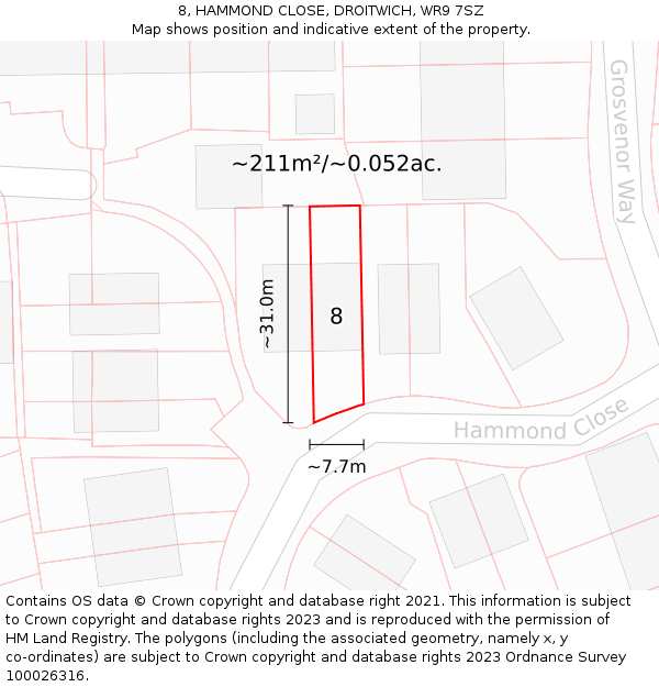 8, HAMMOND CLOSE, DROITWICH, WR9 7SZ: Plot and title map