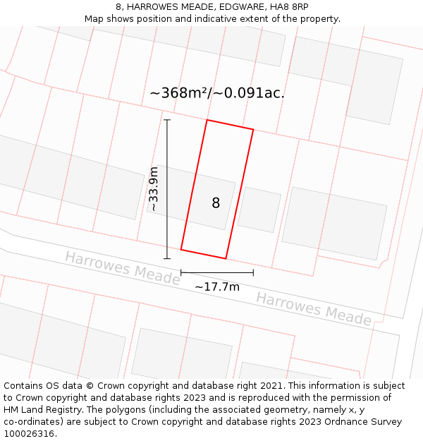 8, HARROWES MEADE, EDGWARE, HA8 8RP: Plot and title map