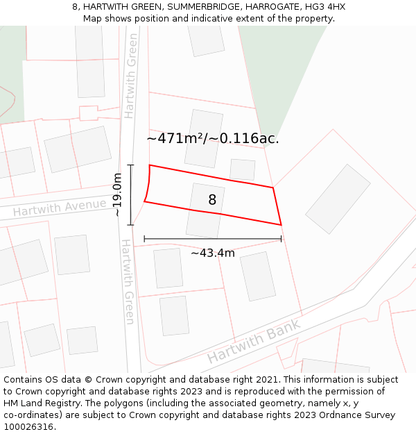 8, HARTWITH GREEN, SUMMERBRIDGE, HARROGATE, HG3 4HX: Plot and title map