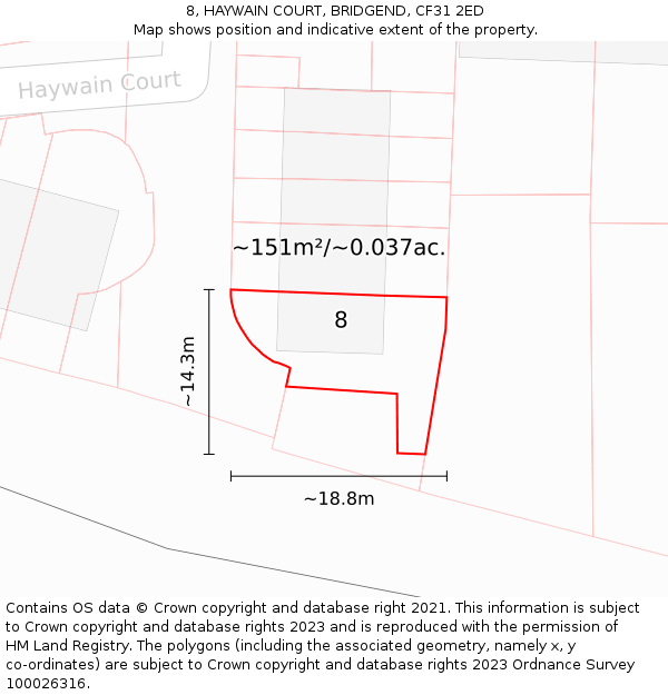 8, HAYWAIN COURT, BRIDGEND, CF31 2ED: Plot and title map