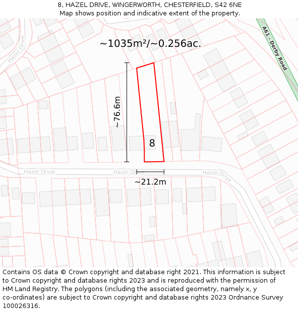 8, HAZEL DRIVE, WINGERWORTH, CHESTERFIELD, S42 6NE: Plot and title map