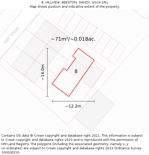 8, HILLVIEW, BEESTON, SANDY, SG19 1RU: Plot and title map