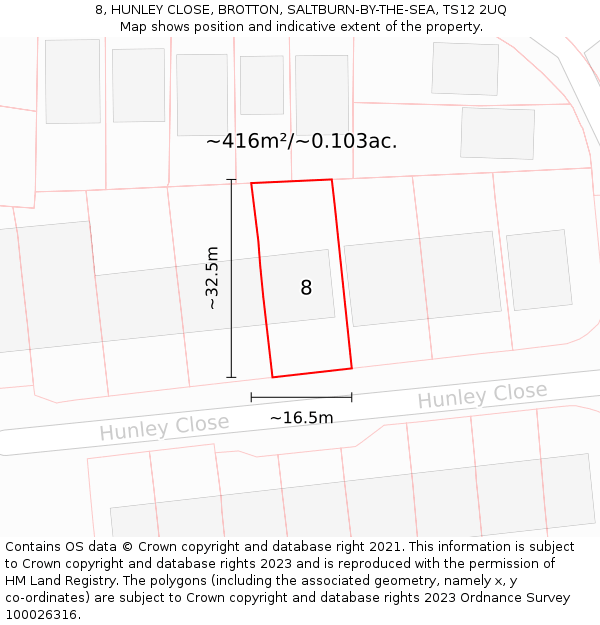 8, HUNLEY CLOSE, BROTTON, SALTBURN-BY-THE-SEA, TS12 2UQ: Plot and title map