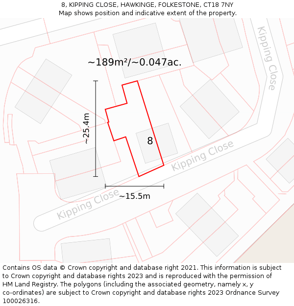 8, KIPPING CLOSE, HAWKINGE, FOLKESTONE, CT18 7NY: Plot and title map