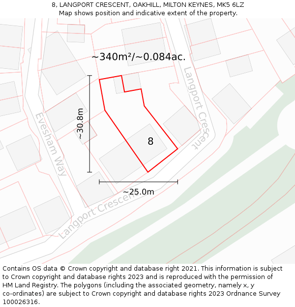 8, LANGPORT CRESCENT, OAKHILL, MILTON KEYNES, MK5 6LZ: Plot and title map