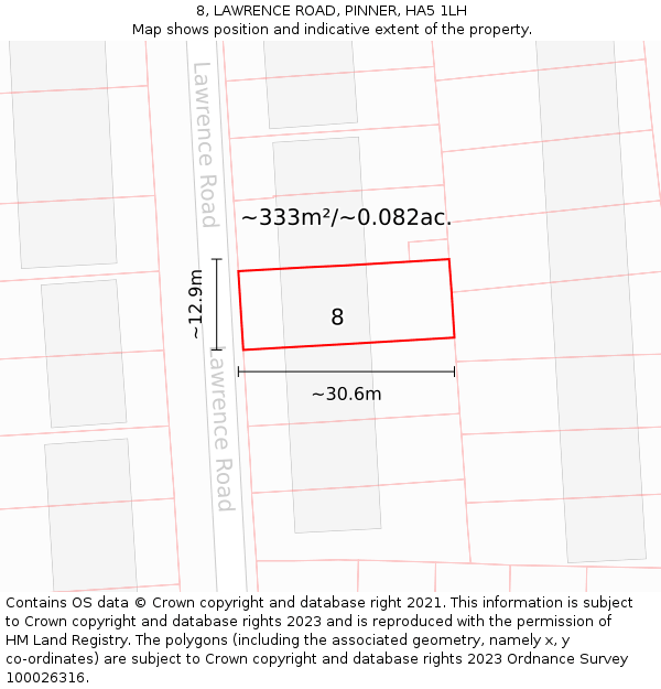 8, LAWRENCE ROAD, PINNER, HA5 1LH: Plot and title map