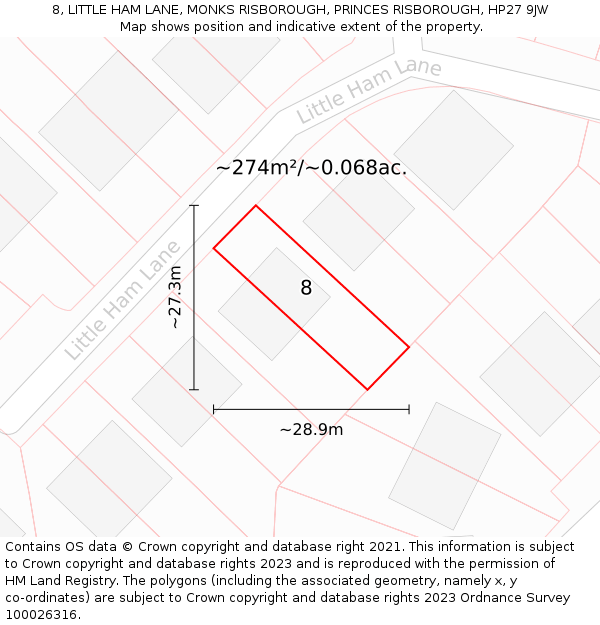 8, LITTLE HAM LANE, MONKS RISBOROUGH, PRINCES RISBOROUGH, HP27 9JW: Plot and title map