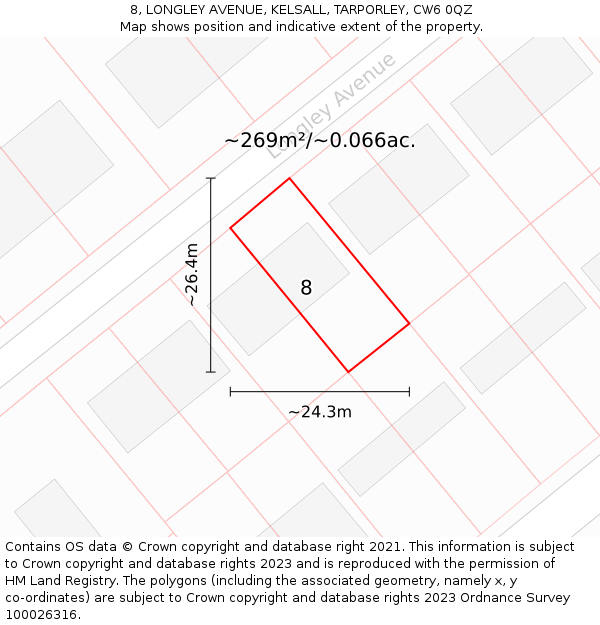 8, LONGLEY AVENUE, KELSALL, TARPORLEY, CW6 0QZ: Plot and title map