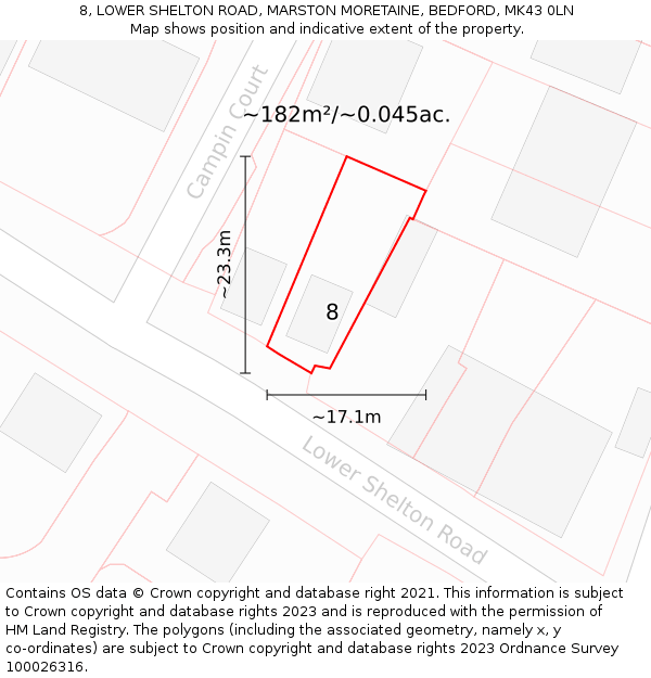 8, LOWER SHELTON ROAD, MARSTON MORETAINE, BEDFORD, MK43 0LN: Plot and title map