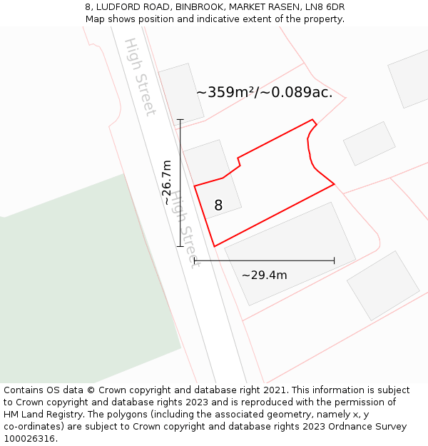 8, LUDFORD ROAD, BINBROOK, MARKET RASEN, LN8 6DR: Plot and title map