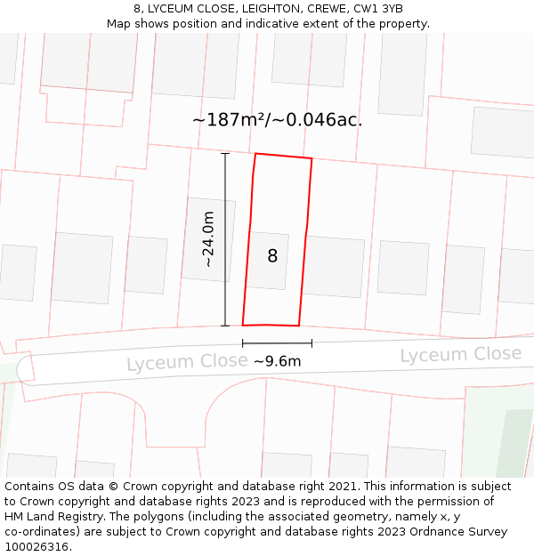 8, LYCEUM CLOSE, LEIGHTON, CREWE, CW1 3YB: Plot and title map