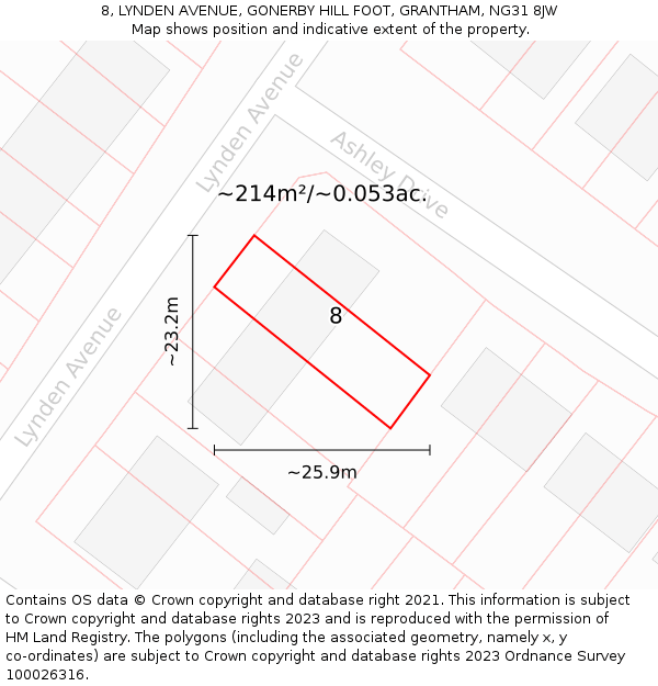 8, LYNDEN AVENUE, GONERBY HILL FOOT, GRANTHAM, NG31 8JW: Plot and title map