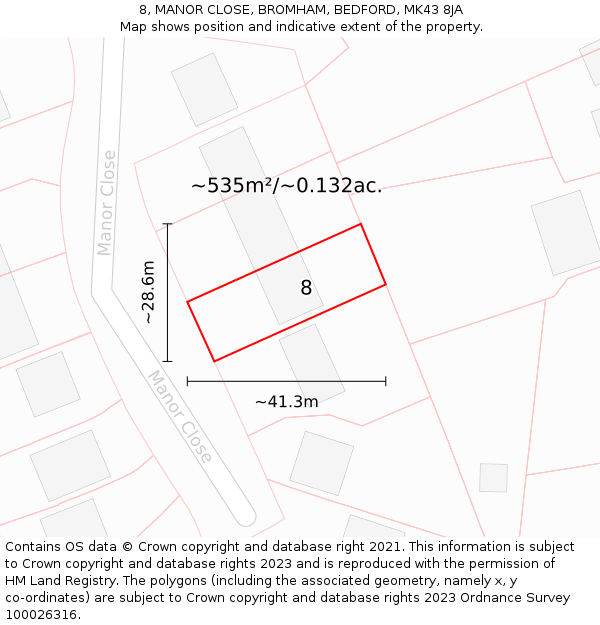 8, MANOR CLOSE, BROMHAM, BEDFORD, MK43 8JA: Plot and title map