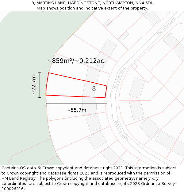 8, MARTINS LANE, HARDINGSTONE, NORTHAMPTON, NN4 6DL: Plot and title map