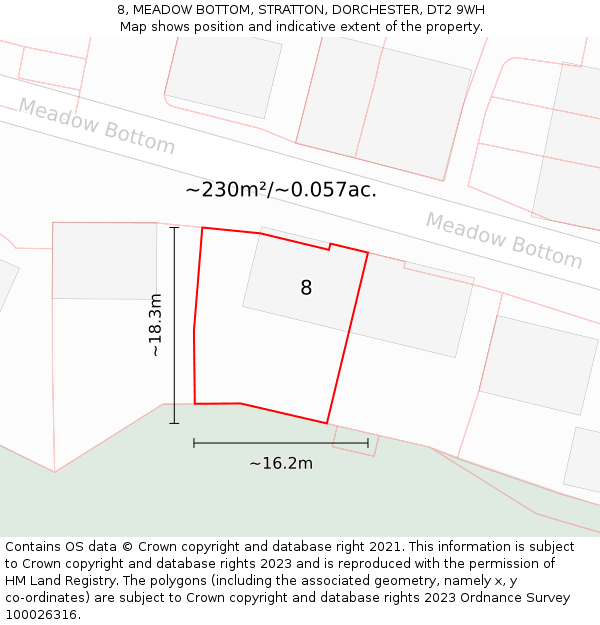 8, MEADOW BOTTOM, STRATTON, DORCHESTER, DT2 9WH: Plot and title map