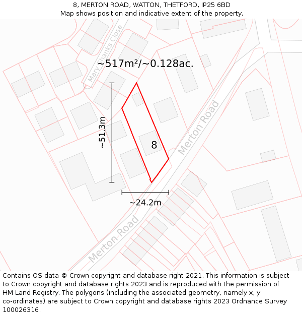 8, MERTON ROAD, WATTON, THETFORD, IP25 6BD: Plot and title map