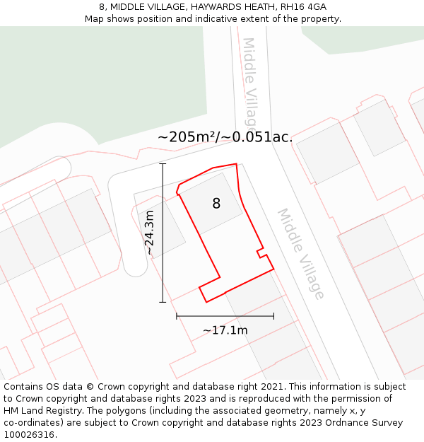 8, MIDDLE VILLAGE, HAYWARDS HEATH, RH16 4GA: Plot and title map