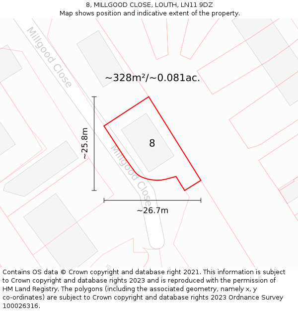 8, MILLGOOD CLOSE, LOUTH, LN11 9DZ: Plot and title map