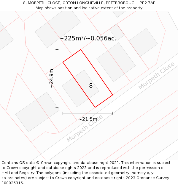 8, MORPETH CLOSE, ORTON LONGUEVILLE, PETERBOROUGH, PE2 7AP: Plot and title map