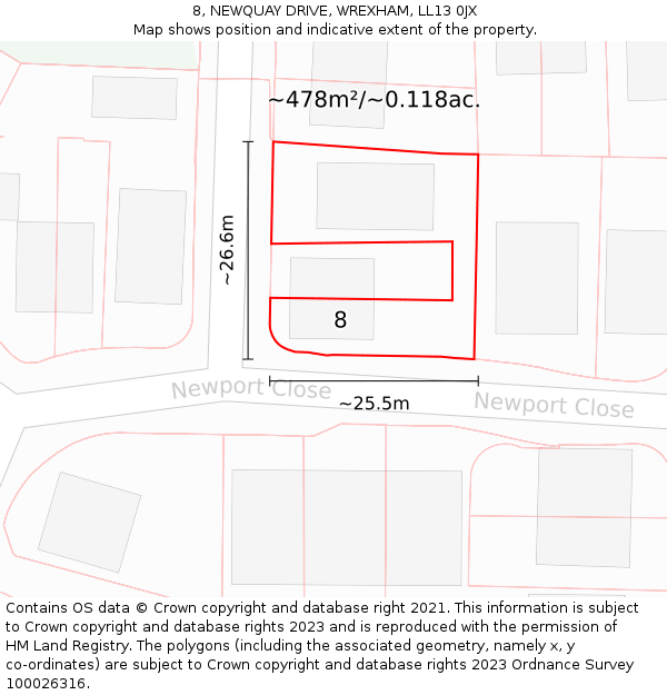 8, NEWQUAY DRIVE, WREXHAM, LL13 0JX: Plot and title map