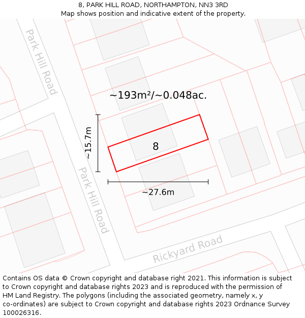 8, PARK HILL ROAD, NORTHAMPTON, NN3 3RD: Plot and title map
