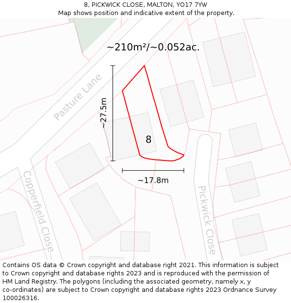 8, PICKWICK CLOSE, MALTON, YO17 7YW: Plot and title map