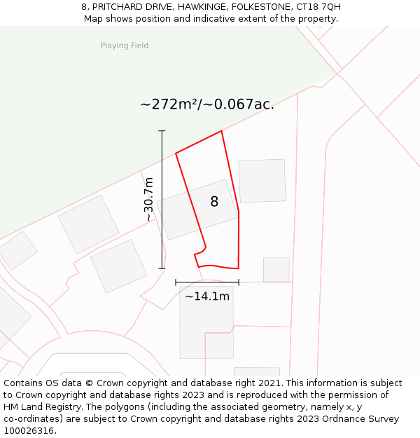 8, PRITCHARD DRIVE, HAWKINGE, FOLKESTONE, CT18 7QH: Plot and title map