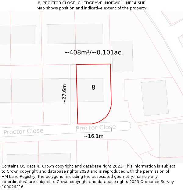 8, PROCTOR CLOSE, CHEDGRAVE, NORWICH, NR14 6HR: Plot and title map