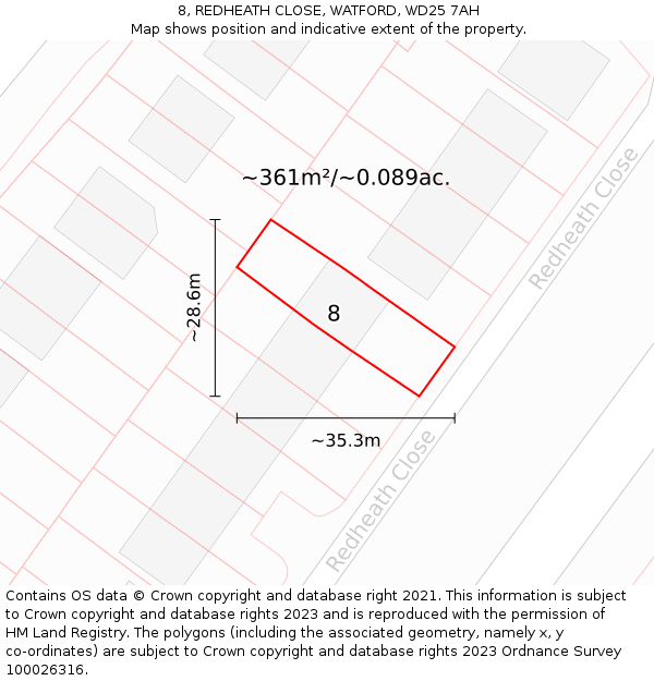 8, REDHEATH CLOSE, WATFORD, WD25 7AH: Plot and title map