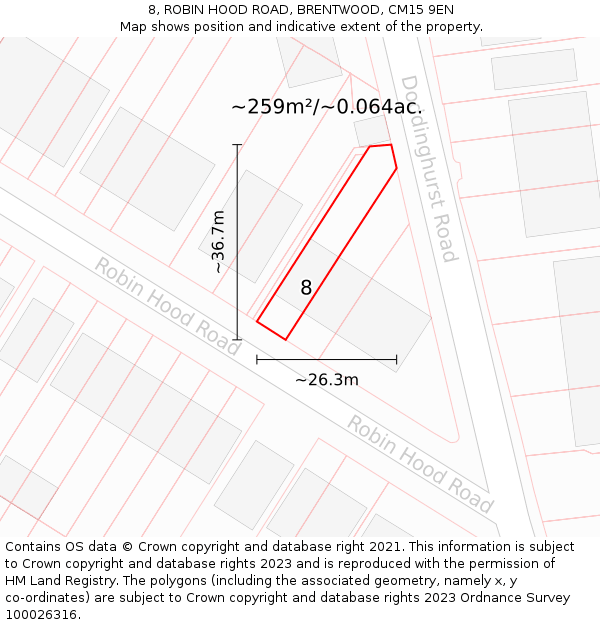 8, ROBIN HOOD ROAD, BRENTWOOD, CM15 9EN: Plot and title map