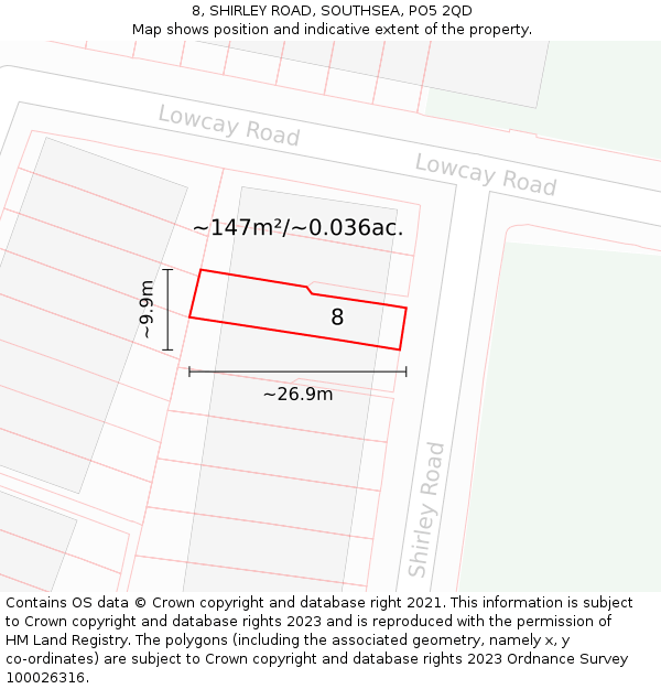 8, SHIRLEY ROAD, SOUTHSEA, PO5 2QD: Plot and title map