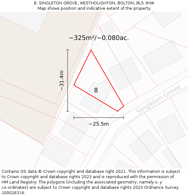 8, SINGLETON GROVE, WESTHOUGHTON, BOLTON, BL5 3HW: Plot and title map