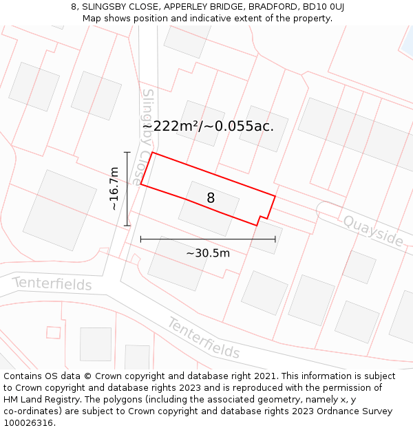 8, SLINGSBY CLOSE, APPERLEY BRIDGE, BRADFORD, BD10 0UJ: Plot and title map