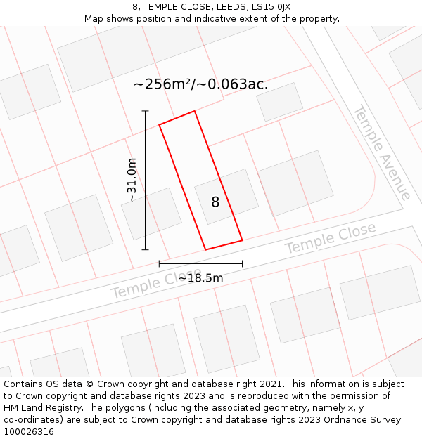 8, TEMPLE CLOSE, LEEDS, LS15 0JX: Plot and title map