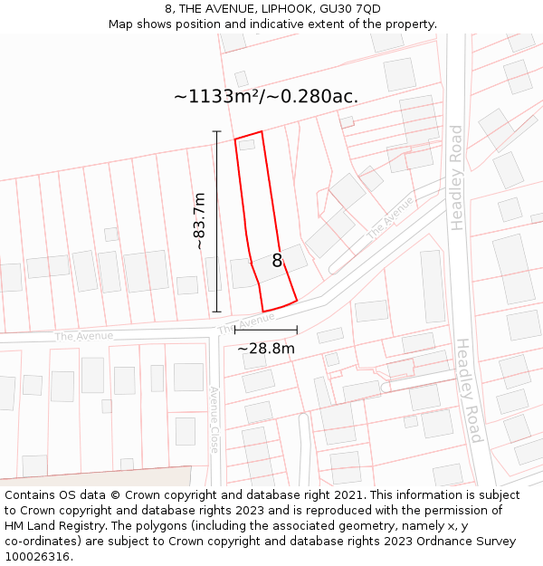 8, THE AVENUE, LIPHOOK, GU30 7QD: Plot and title map