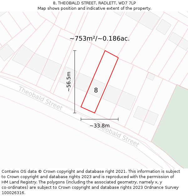 8, THEOBALD STREET, RADLETT, WD7 7LP: Plot and title map