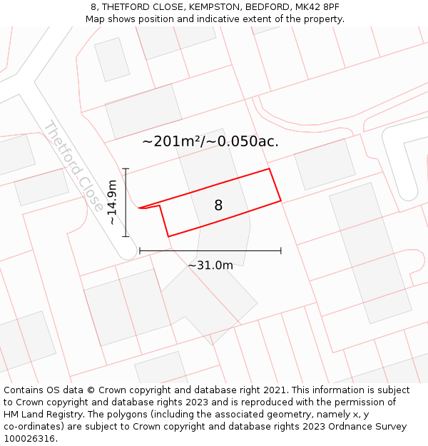 8, THETFORD CLOSE, KEMPSTON, BEDFORD, MK42 8PF: Plot and title map