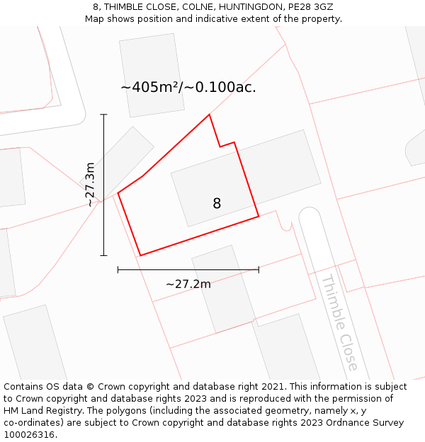 8, THIMBLE CLOSE, COLNE, HUNTINGDON, PE28 3GZ: Plot and title map