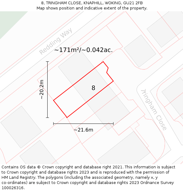 8, TRINGHAM CLOSE, KNAPHILL, WOKING, GU21 2FB: Plot and title map