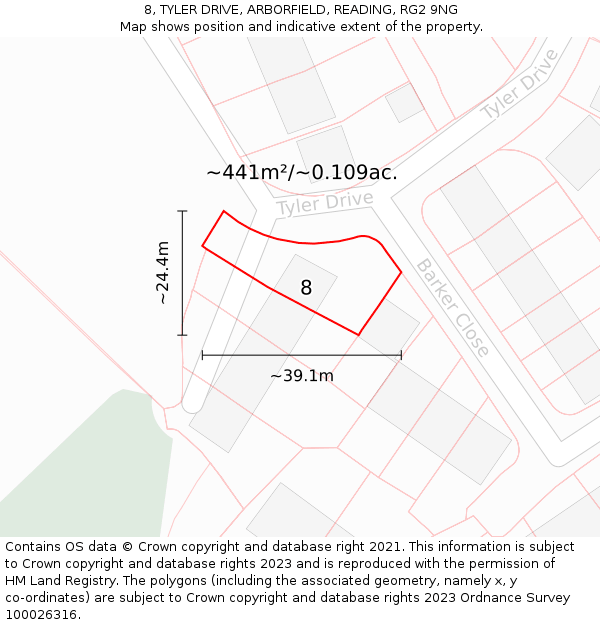 8, TYLER DRIVE, ARBORFIELD, READING, RG2 9NG: Plot and title map