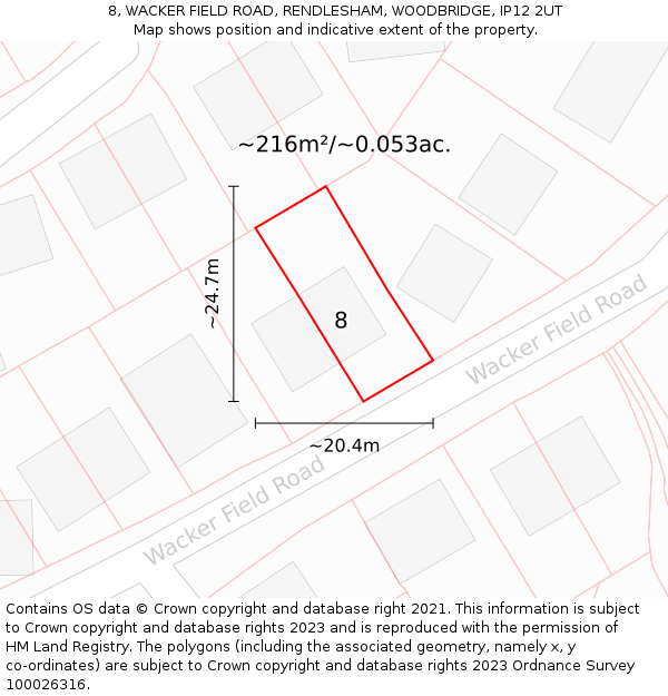 8, WACKER FIELD ROAD, RENDLESHAM, WOODBRIDGE, IP12 2UT: Plot and title map