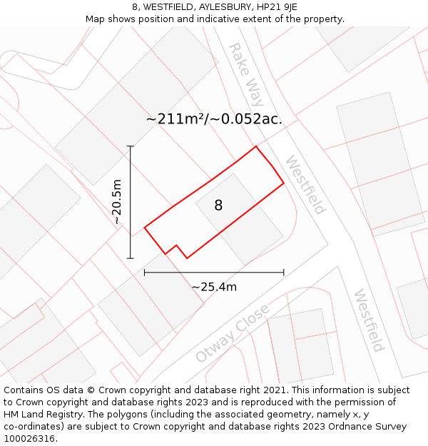 8, WESTFIELD, AYLESBURY, HP21 9JE: Plot and title map