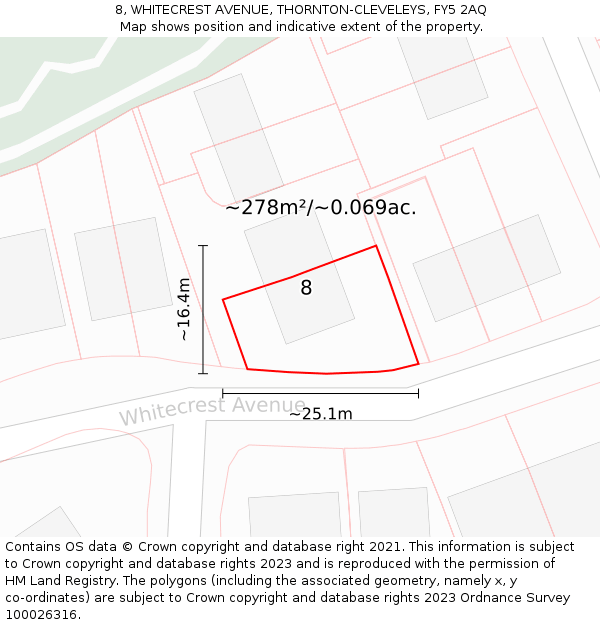 8, WHITECREST AVENUE, THORNTON-CLEVELEYS, FY5 2AQ: Plot and title map