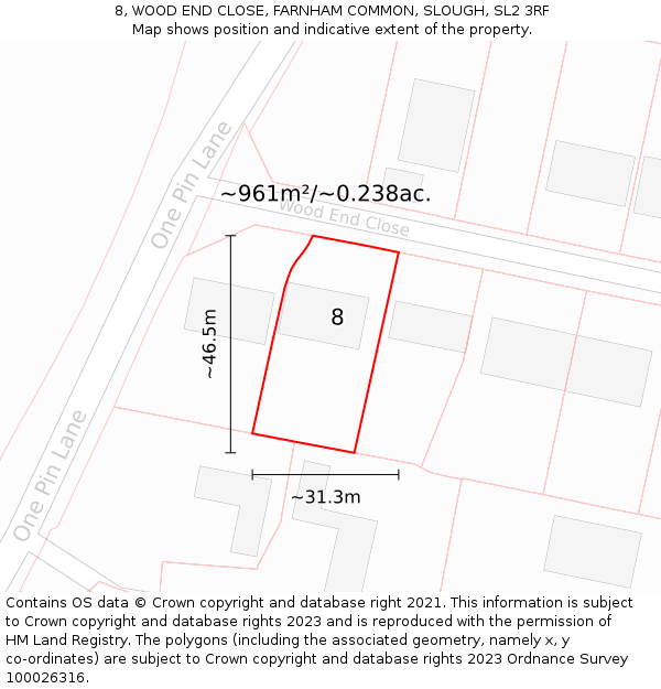 8, WOOD END CLOSE, FARNHAM COMMON, SLOUGH, SL2 3RF: Plot and title map