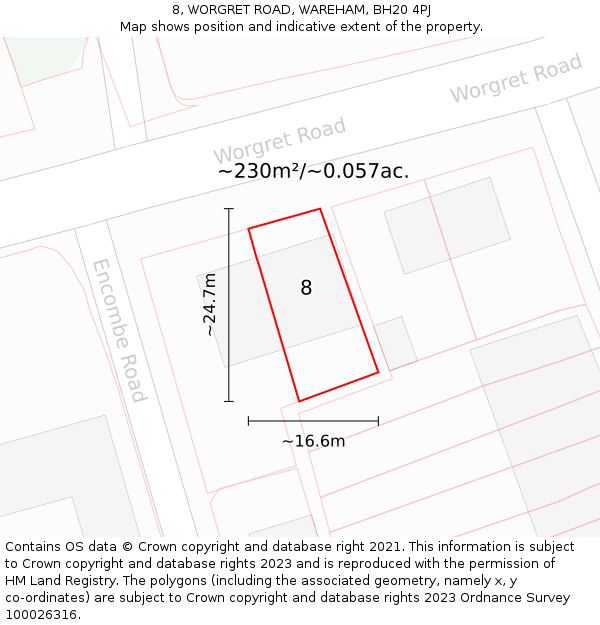 8, WORGRET ROAD, WAREHAM, BH20 4PJ: Plot and title map