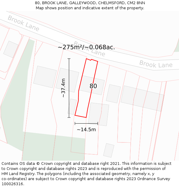 80, BROOK LANE, GALLEYWOOD, CHELMSFORD, CM2 8NN: Plot and title map