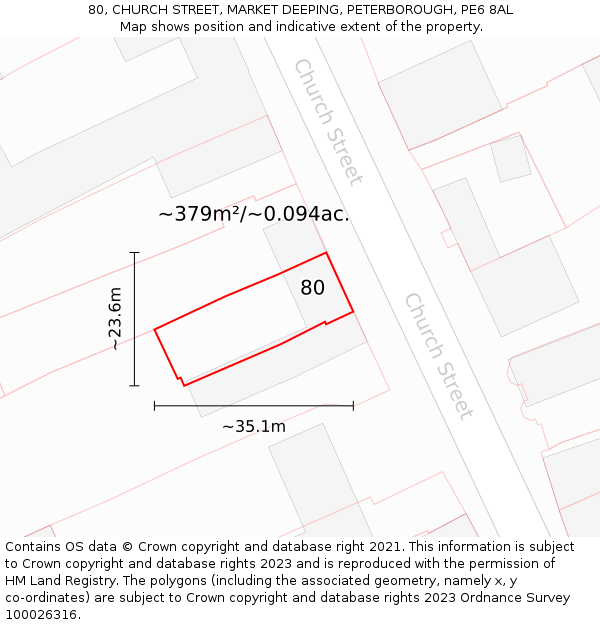 80, CHURCH STREET, MARKET DEEPING, PETERBOROUGH, PE6 8AL: Plot and title map