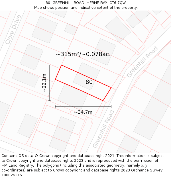 80, GREENHILL ROAD, HERNE BAY, CT6 7QW: Plot and title map