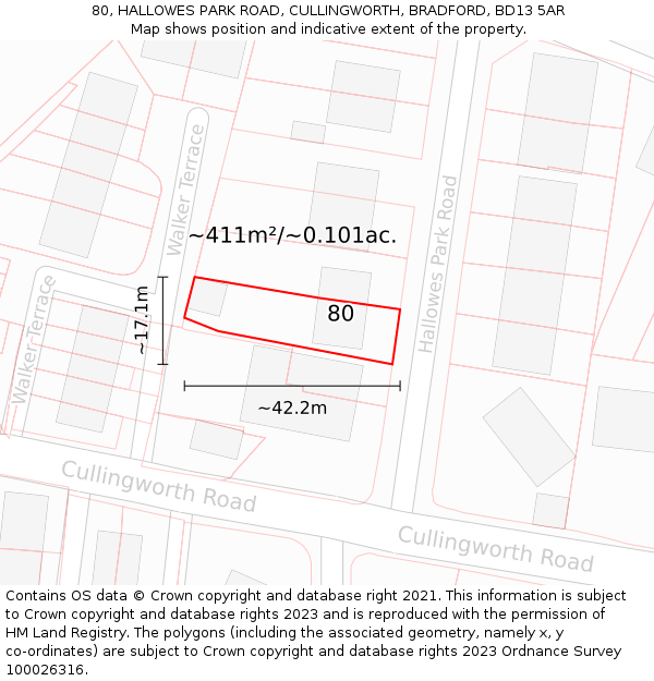 80, HALLOWES PARK ROAD, CULLINGWORTH, BRADFORD, BD13 5AR: Plot and title map