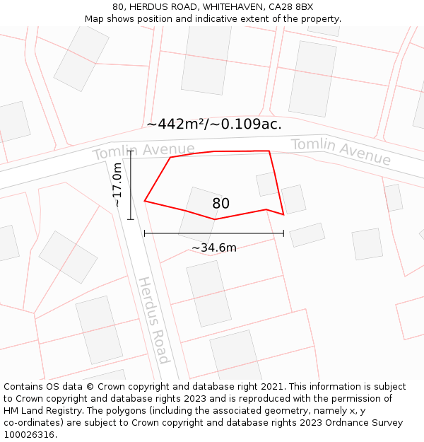 80, HERDUS ROAD, WHITEHAVEN, CA28 8BX: Plot and title map